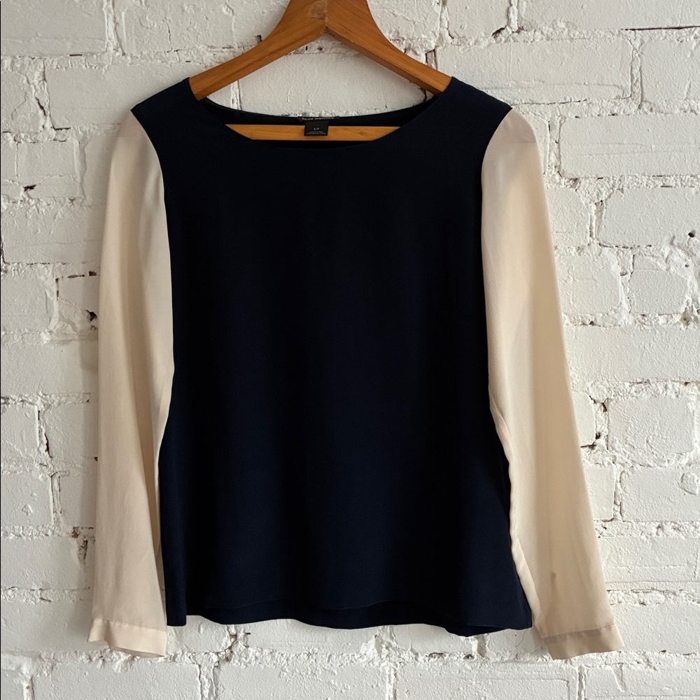 Club Monaco Navy and Cream Silk Blouse